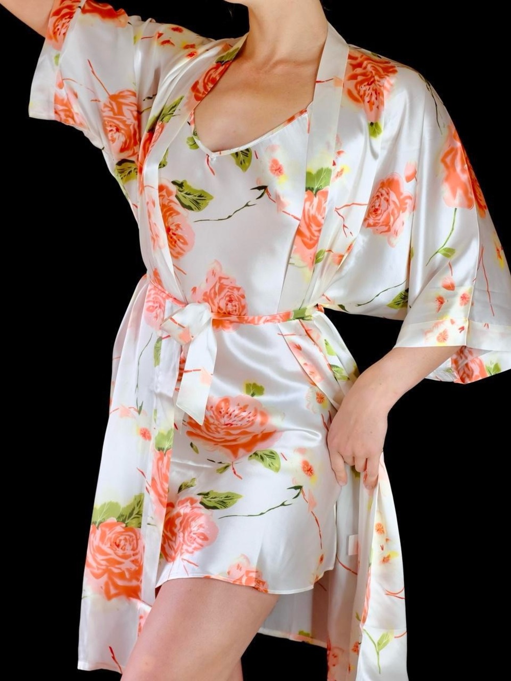 Floral Silk Robe and Chemise Set - White with Peach Roses